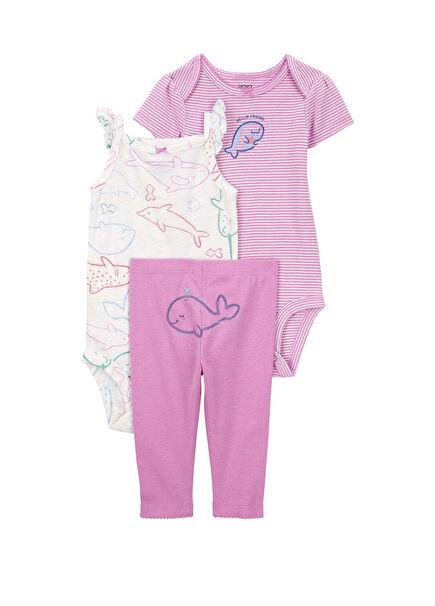 Balık Desenli Pembe 3'lü Kız Bebek Seti