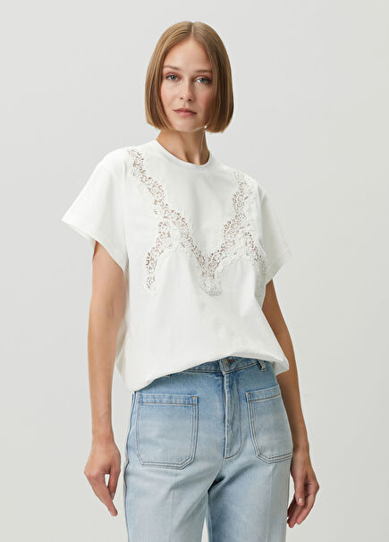 Beyaz Dantel Garnili T-shirt