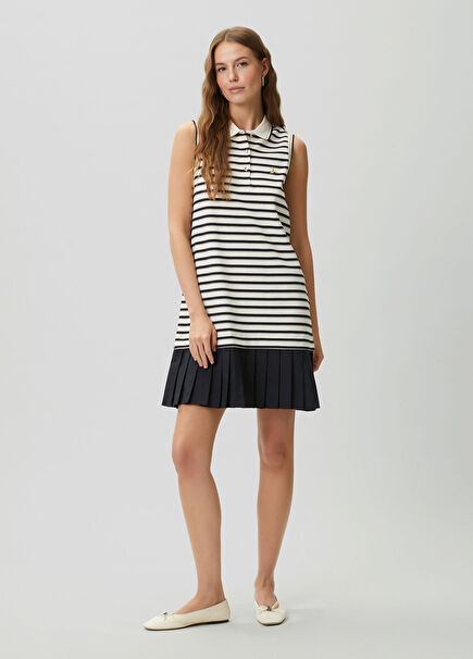 Lacivert Beyaz Çizgili Pileli Mini Polo Elbise