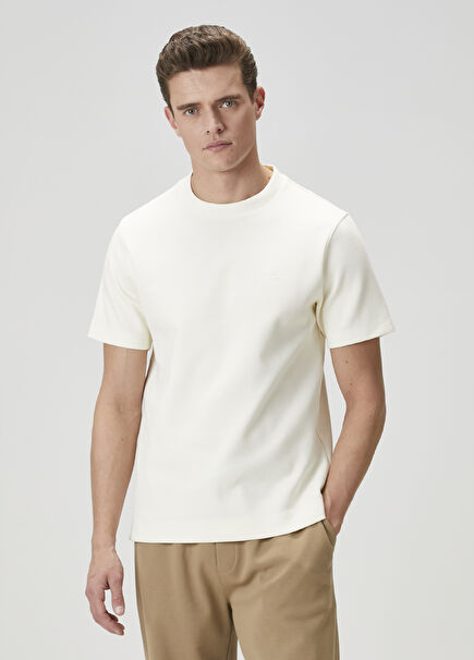 Krem Logo Nakışlı Basic T-shirt