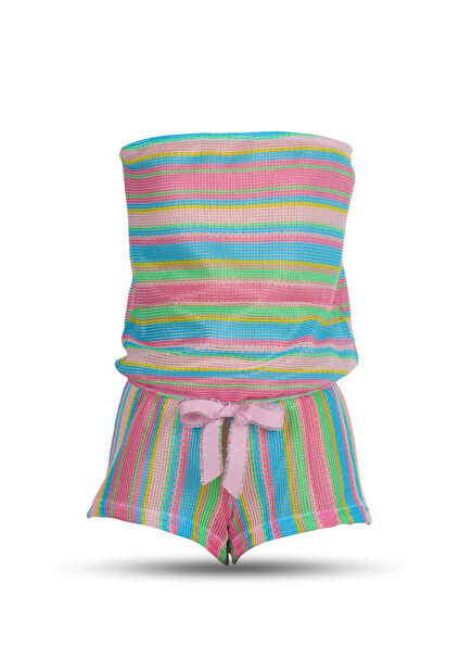 Pastel Color Striped Strapless Girls Short Beach Jumpsuit