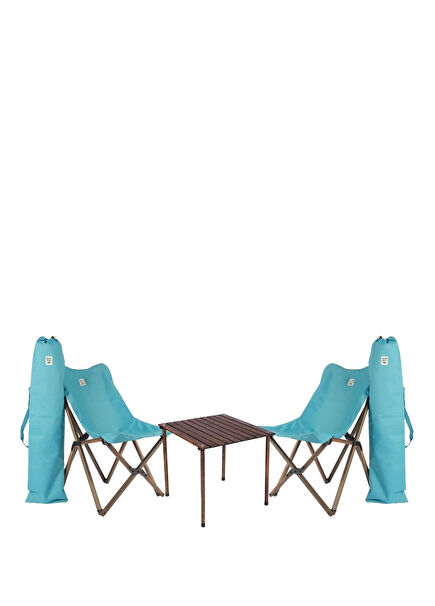 Antrasit Turkuaz Ahşap Katlanır Kamp Masa ve Sandalye Seti