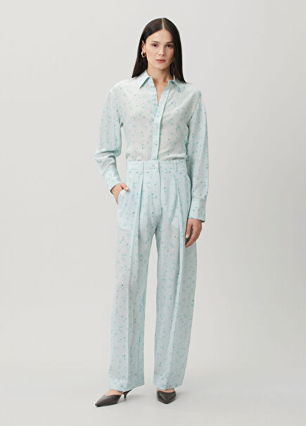 Mavi Desenli Wide Leg İpek Pantolon