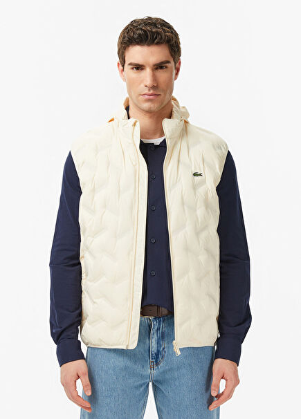 Beige Regular Fit Stand Collar Men's Quilted Vest