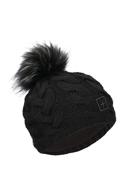 Eco-Fur Pompom Siyah Kadın Bere