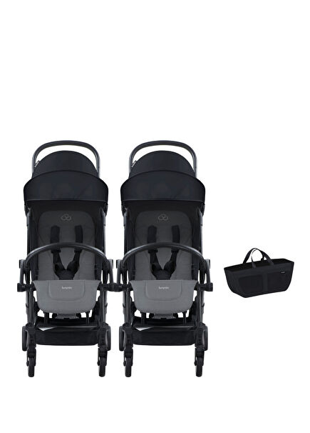 Connect³ Black Grey Melange İkiz Bebek Arabası ve Yan Düzenleyici Çanta Seti
