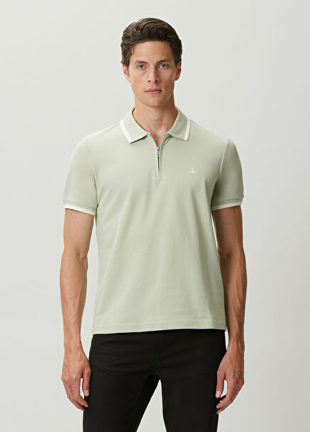Light Green Ecru Polo Zippered T-Shirt