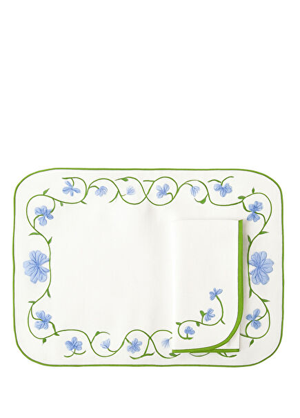 Silvestre White Blue Linen Placemat and Napkin Set