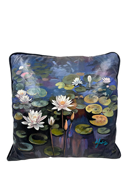 Night Lotus Desenli Keten Dekoratif Kırlent 45 x 45 cm