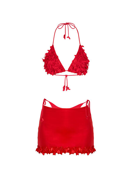 Flora Red Triangle Halter Neck Women's Bikini Skirt Set