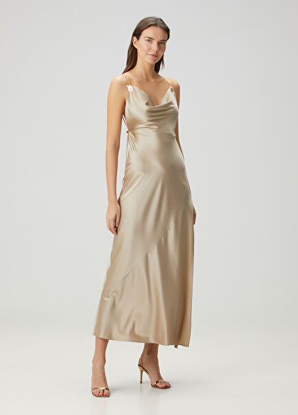 Beige Midi Satin Cocktail Dress