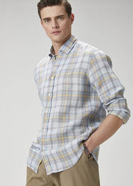 Comfort Fit Grey Blue Plaid Patterned Linen Shirt