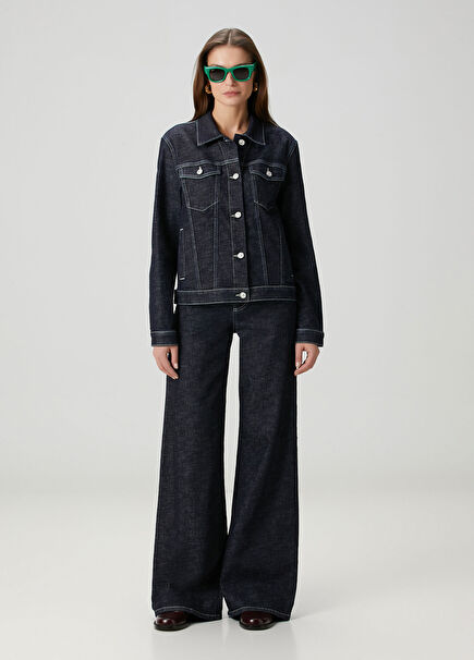 Lacivert Wide Leg Jean Pantolon