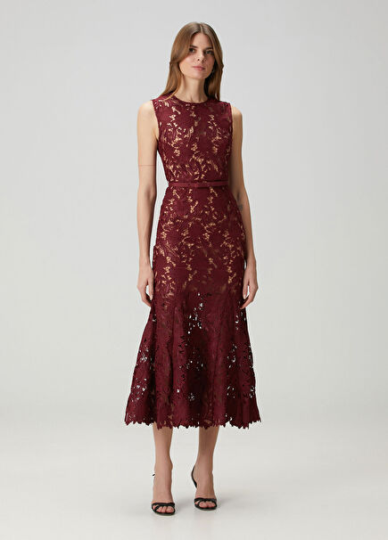 Bordo Midi Dantel Kokteyl Elbise