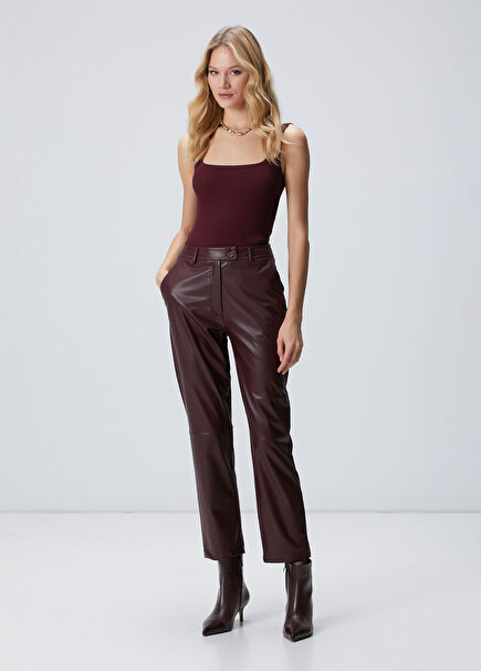 Bordo Kesik Detaylı Duni Deri Pantolon