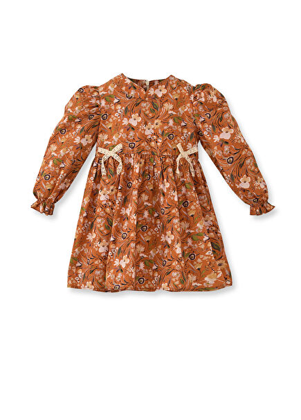 Çiçek Desenli Turuncu Pamuklu Kurdeleli Kız Çocuk Elbise