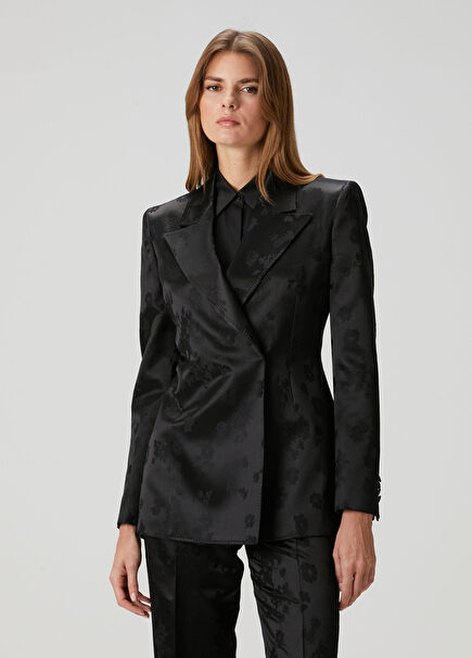 Siyah Çiçek Jakarlı İpek Saten Blazer