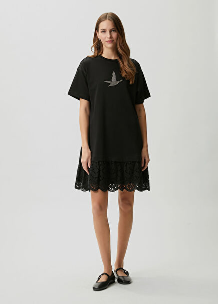 Black Embroidered Crystal Logo Mini Dress