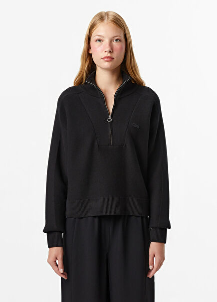 Siyah Classic Fit Yarım Fermuarlı Kadın Kazak