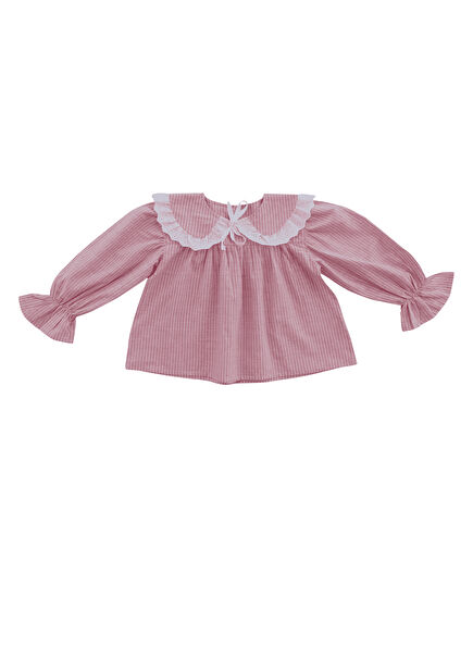 Ruffles Light Pink White Striped Baby Collar Long Sleeve Girls's Pajama Top