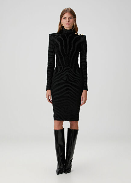 Siyah Zebra Desenli Midi Elbise