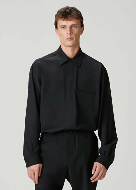 Siyah Oversized Yün Gömlek