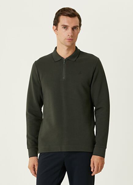 Slim Fit Haki Polo Yaka Ottoman Dokulu Sweatshirt