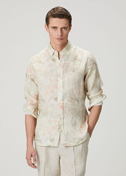 Comfort Fit Yeşil Yaprak Desenli Keten Gömlek