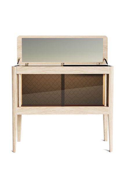 Casablanca Display Case Series Beige Solid Wood Horizontal Liquor Cocktail Cabinet with Mirror Door
