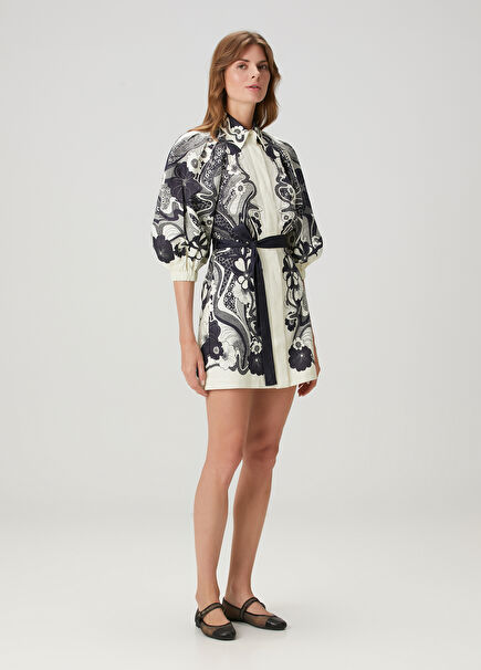 Mickey Navy Blue White Floral Mini Linen Dress