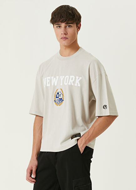 Beige Printed Logo Embroidered T-shirt