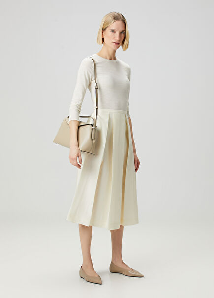 Beige Pleated Midi Wool Skirt