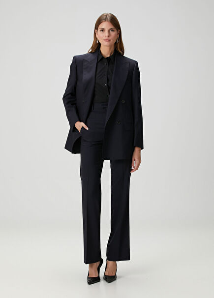 Carlo Navy Blue Striped Wool Trousers