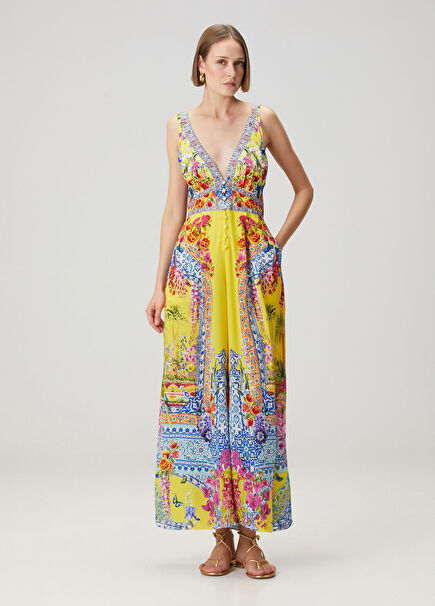 Sarı Çiçekli İpek Tulum