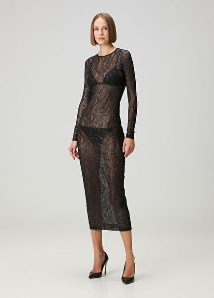 Black Silver Transparent Midi Lace Dress