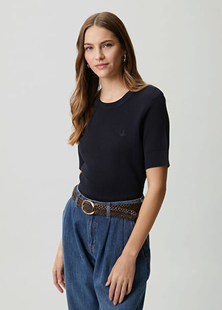 Navy Blue Piqué Textured Sweater