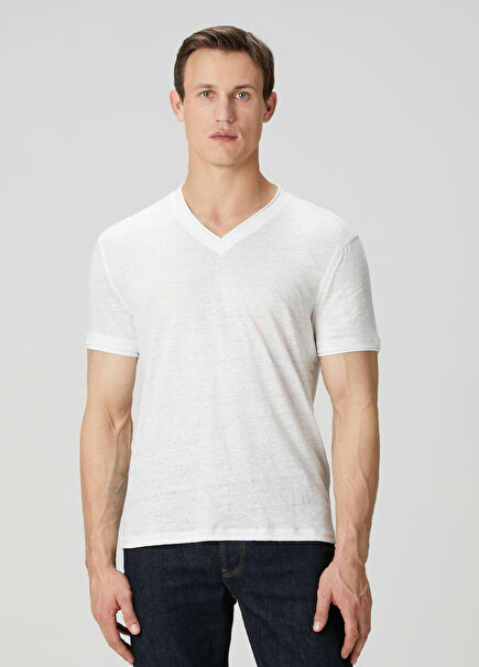 Slim Fit Wooster Beyaz V Yaka Keten T-shirt