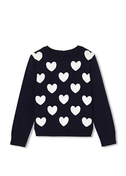Navy Blue Heart Jacquard Long Sleeve Girls' Sweater