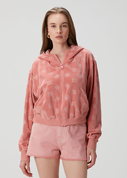 Pembe Kapüşonlu Jakarlı Sweatshirt