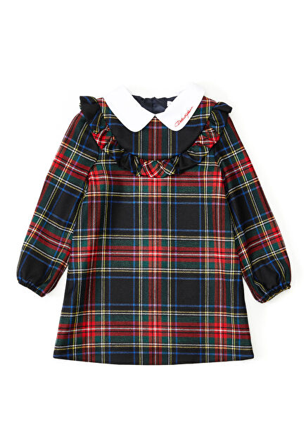 Kırmızı Ekose Desenli Kız Çocuk Yün Elbise