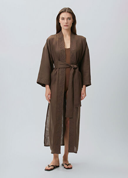 Kahverengi Nakışlı Keten Kaftan