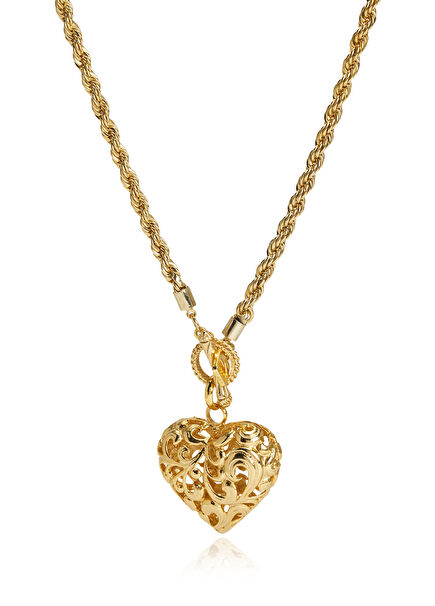 Gold Embroidered Big Heart Women's Long Necklace