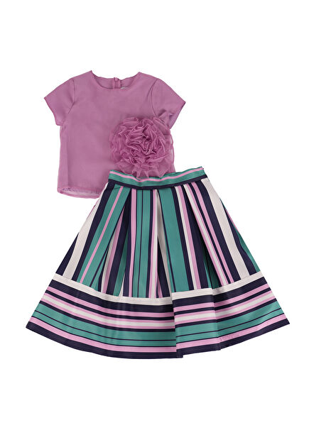 Lilac Blouse with Floral Detail Striped Skirt Set of 2