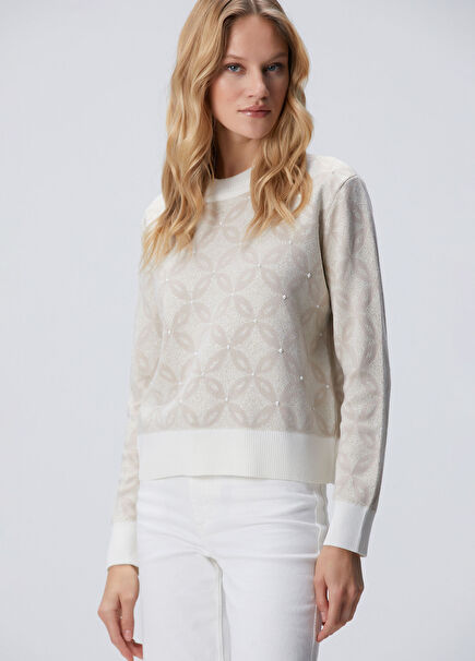 Off White Glitter Patterned Knitwear Sweater