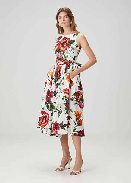 Beyaz Çiçekli Midi Poplin Elbise