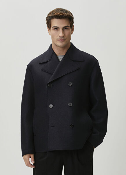 Navy Blue Wool Double-Breasted Coat