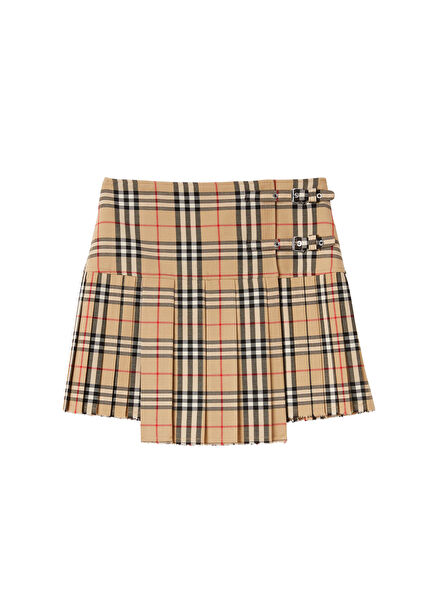Pleated Checkered Wool Beige Women's Mini Skirt