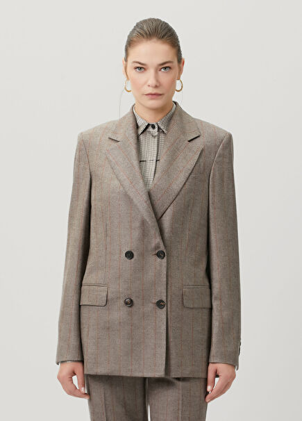 Brown Striped Double-Breasted Wool Jacket