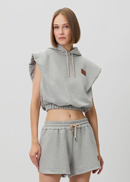 Gri Kapüşonlu Kolsuz Sweatshirt