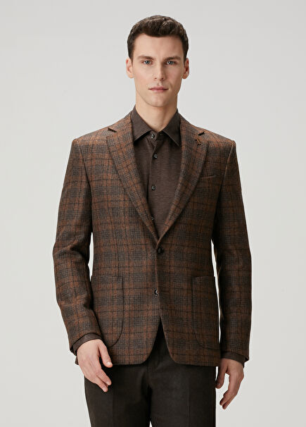 Palladio Brown Plaid Patterned Wool Jacket